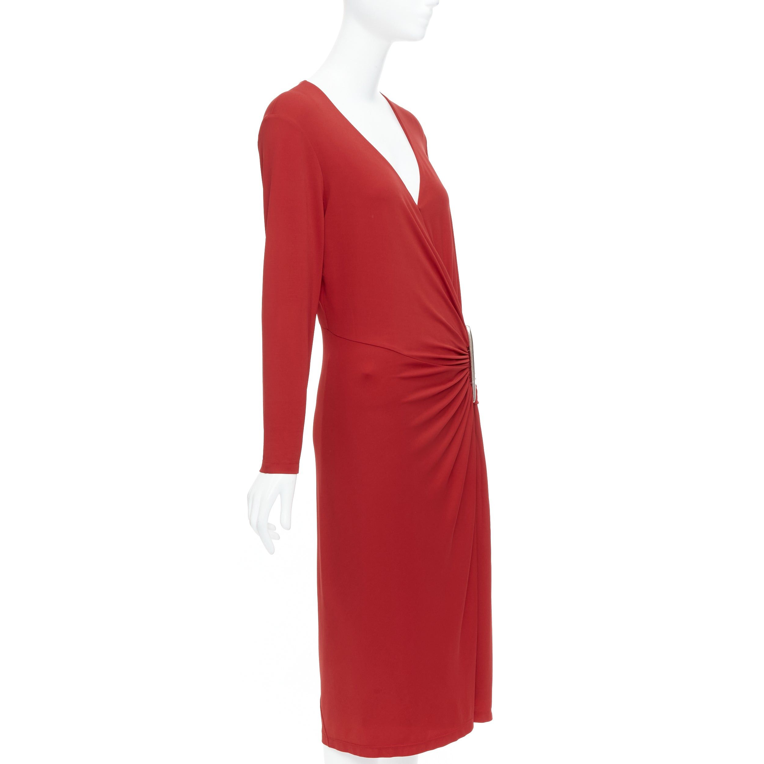 Donna Karan DONNA KARAN Vintage red viscose blend V neck silver buckle drape midi dress L Size M / US 6-8 / IT 42-44 - 3 Thumbnail