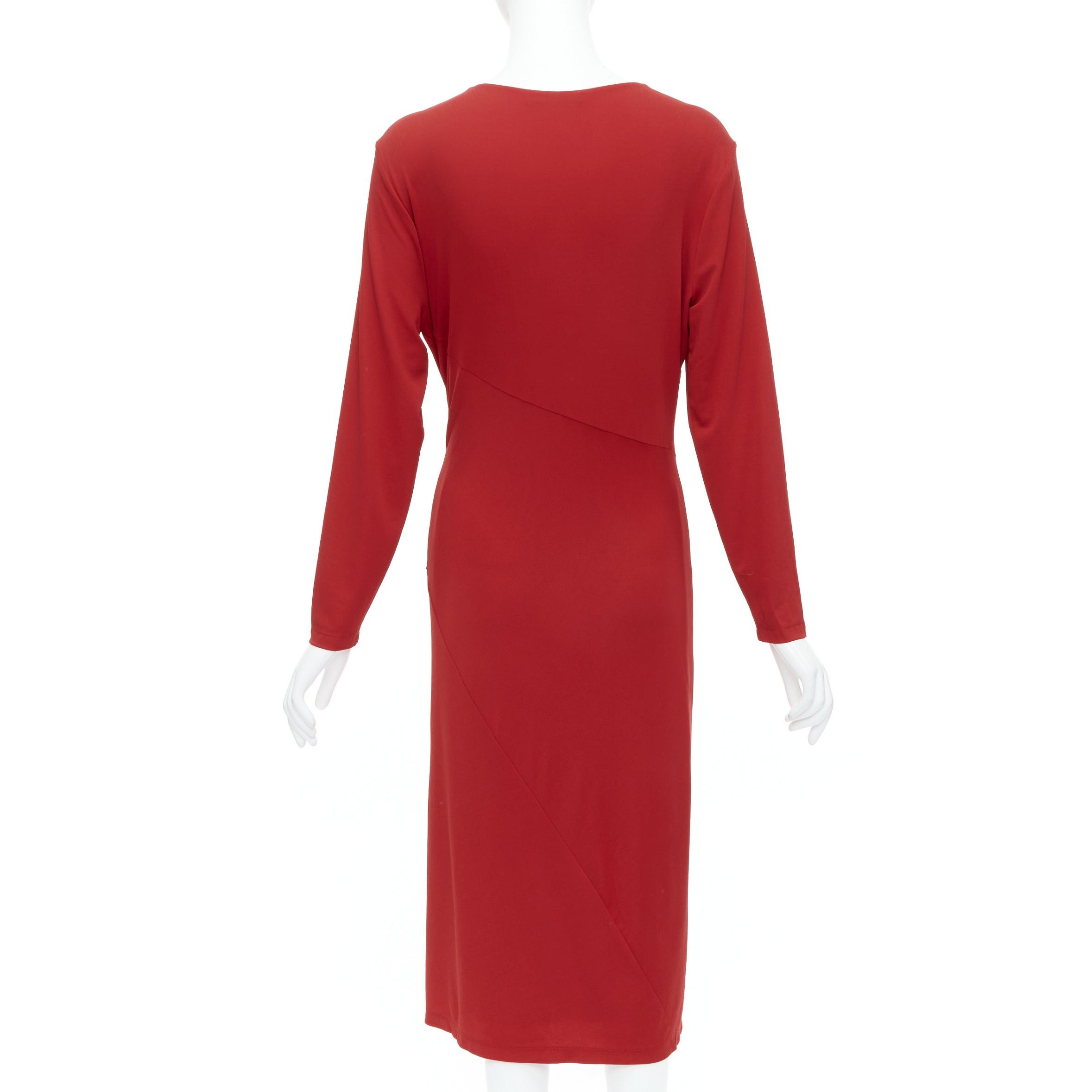 Donna Karan DONNA KARAN Vintage red viscose blend V neck silver buckle drape midi dress L Size M / US 6-8 / IT 42-44 - 5 Thumbnail