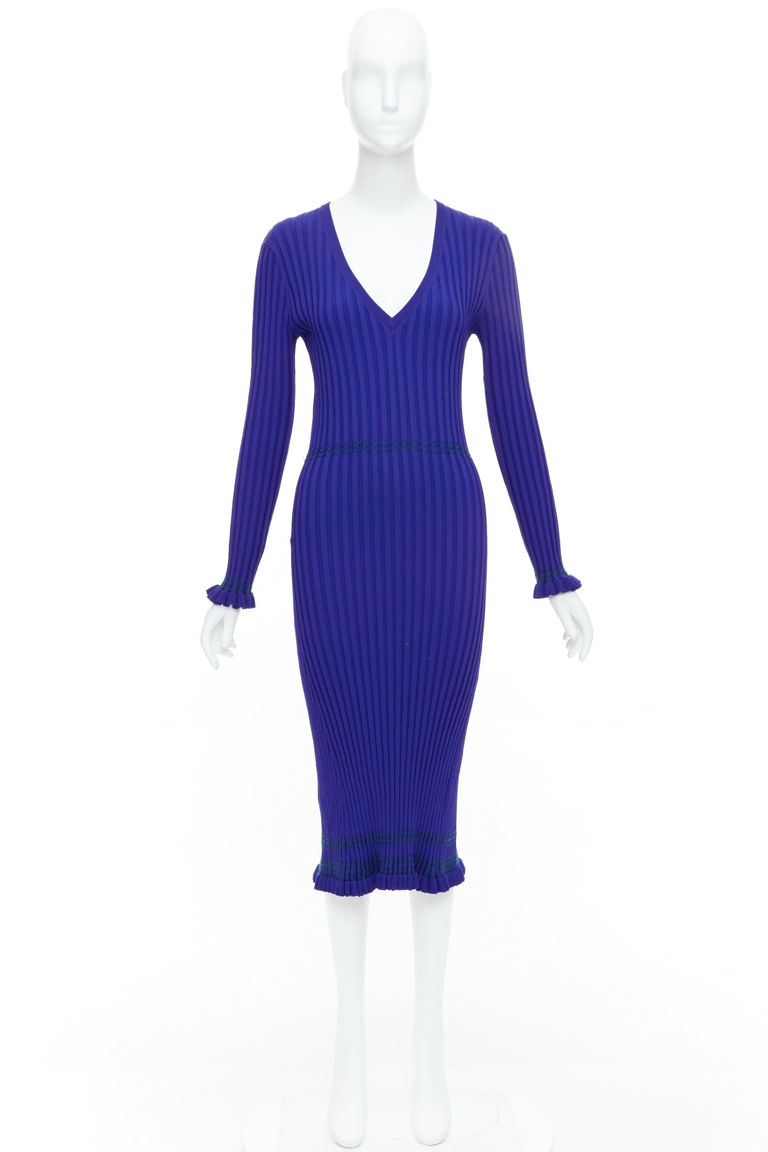 Altuzarra ALTUZARRA cobalt blue green topstitch ribbed bodycon V neck dress L Size M / US 6-8 / IT 42-44 - 9 Thumbnail
