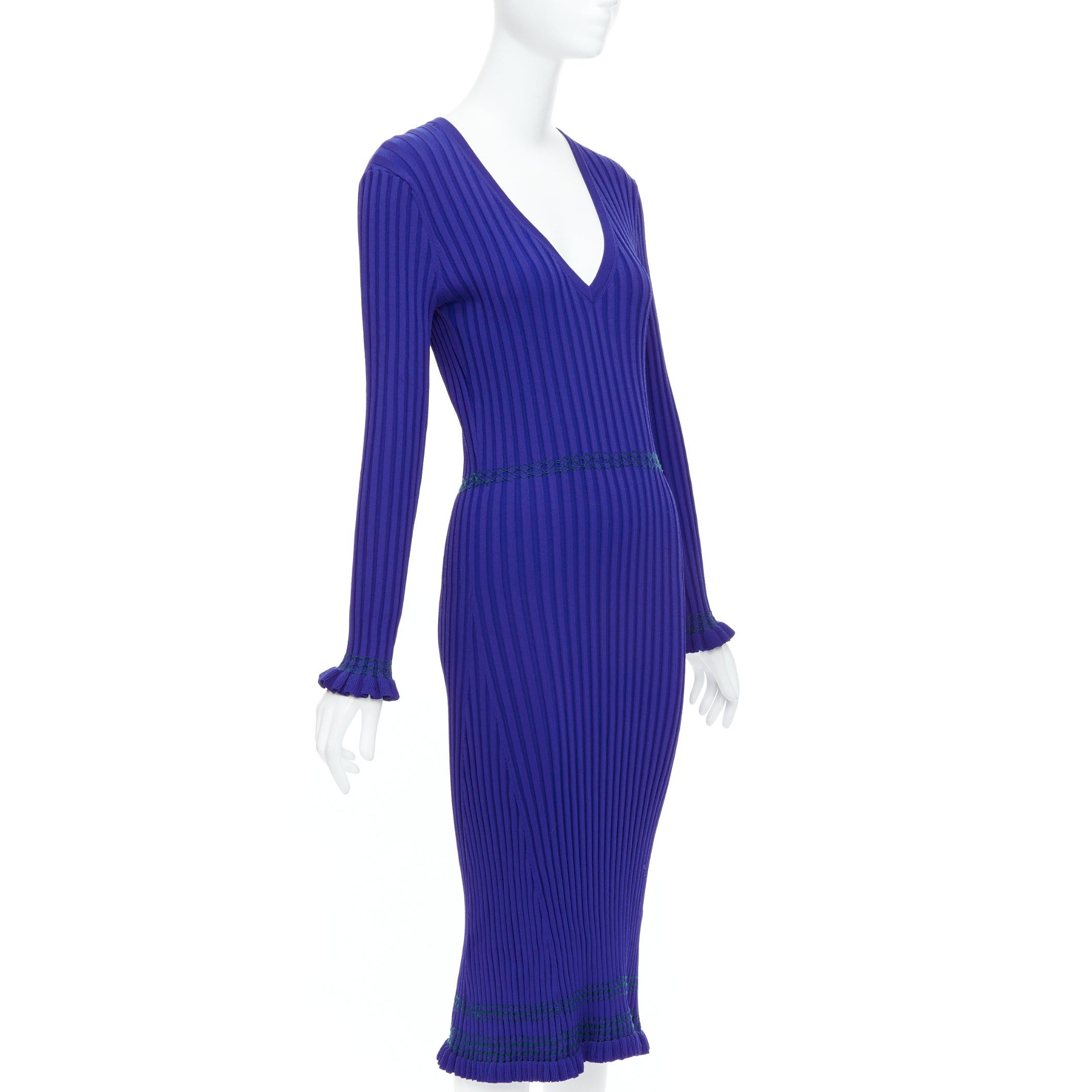 Altuzarra ALTUZARRA cobalt blue green topstitch ribbed bodycon V neck dress L Size M / US 6-8 / IT 42-44 - 3 Thumbnail
