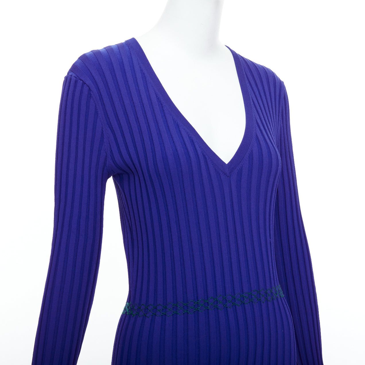 Altuzarra ALTUZARRA cobalt blue green topstitch ribbed bodycon V neck dress L Size M / US 6-8 / IT 42-44 - 7 Thumbnail