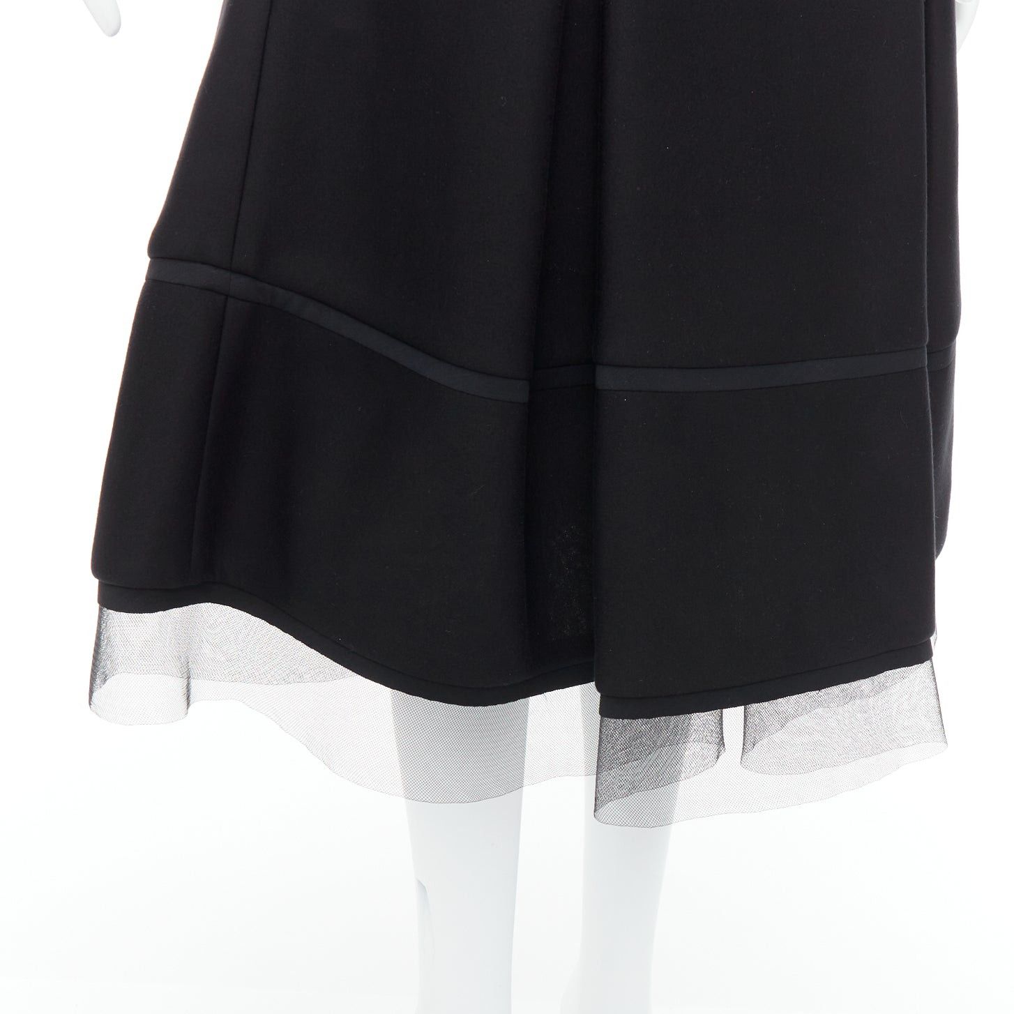 Donna Karan DONNA KARAN black scuba pleated tulle mesh trim A-line skirt FR40 L Size 30" / US 8 / IT 44 - 2 Thumbnail