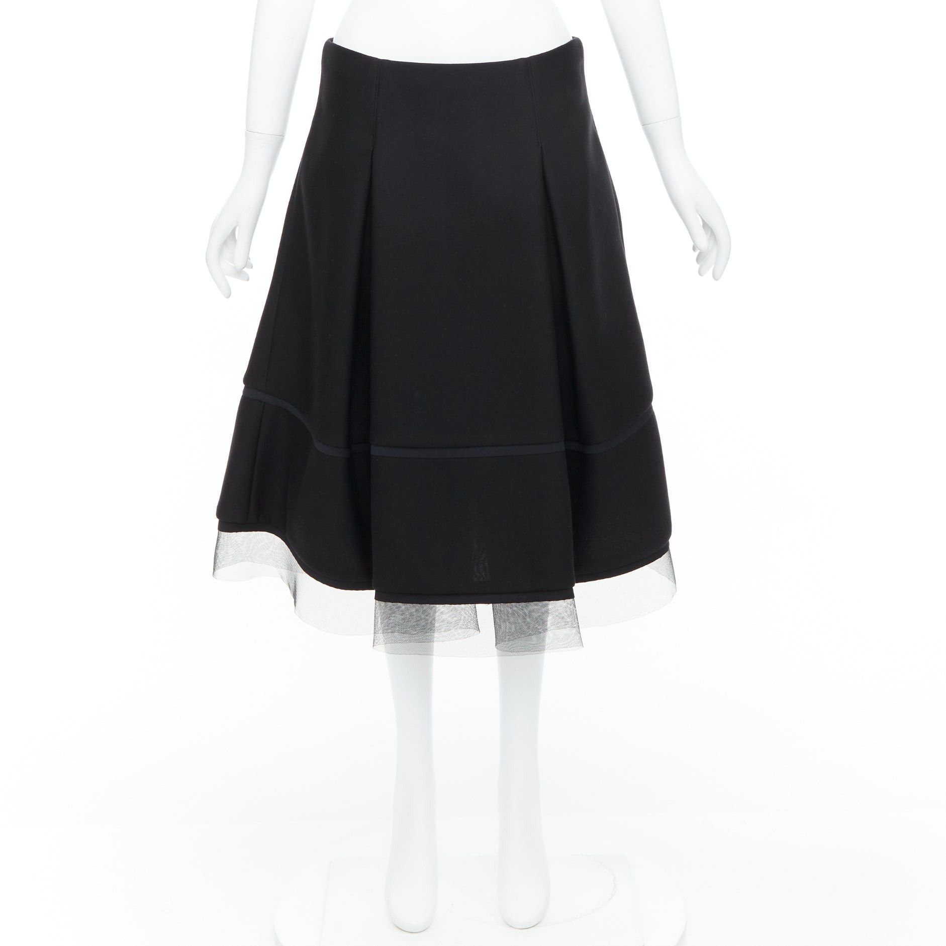 Donna Karan DONNA KARAN black scuba pleated tulle mesh trim A-line skirt FR40 L Size 30" / US 8 / IT 44 - 9 Thumbnail