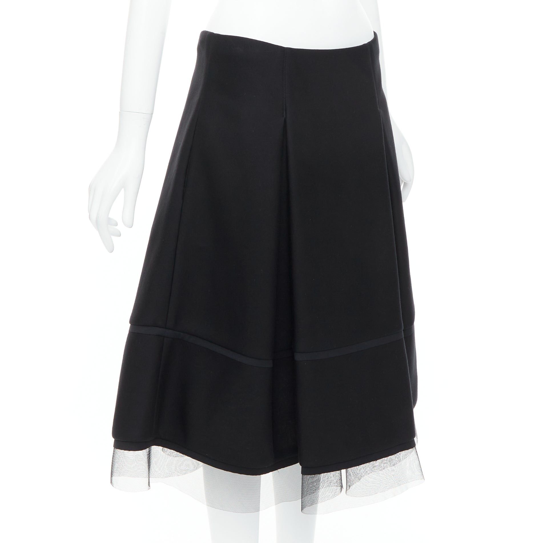 Donna Karan DONNA KARAN black scuba pleated tulle mesh trim A-line skirt FR40 L Size 30" / US 8 / IT 44 - 3 Thumbnail