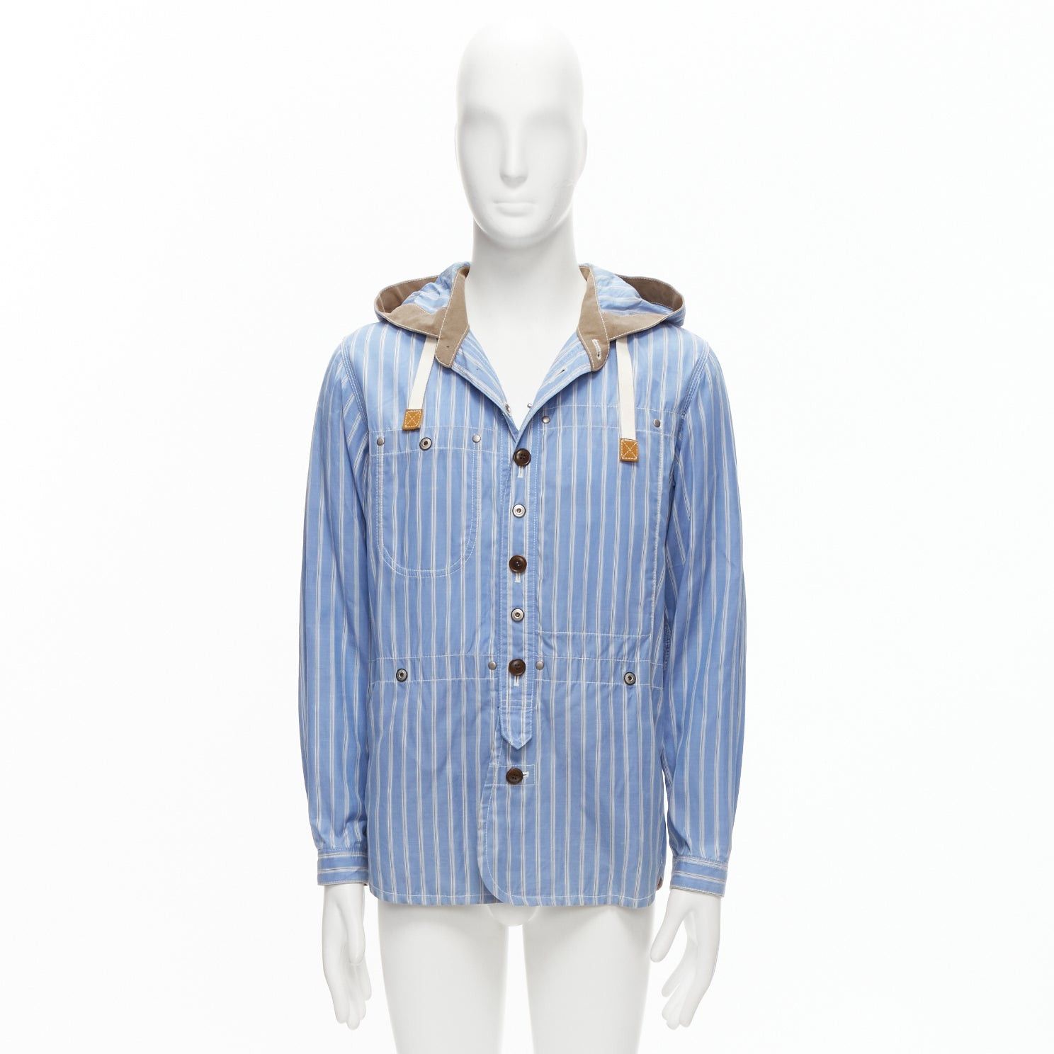 Junya Watanabe JUNYA WATANABE MAN 2013 blue brown cotton linen striped deconstructed parka jacket M Size US M / EU 48-50 / 2 - 10 Thumbnail