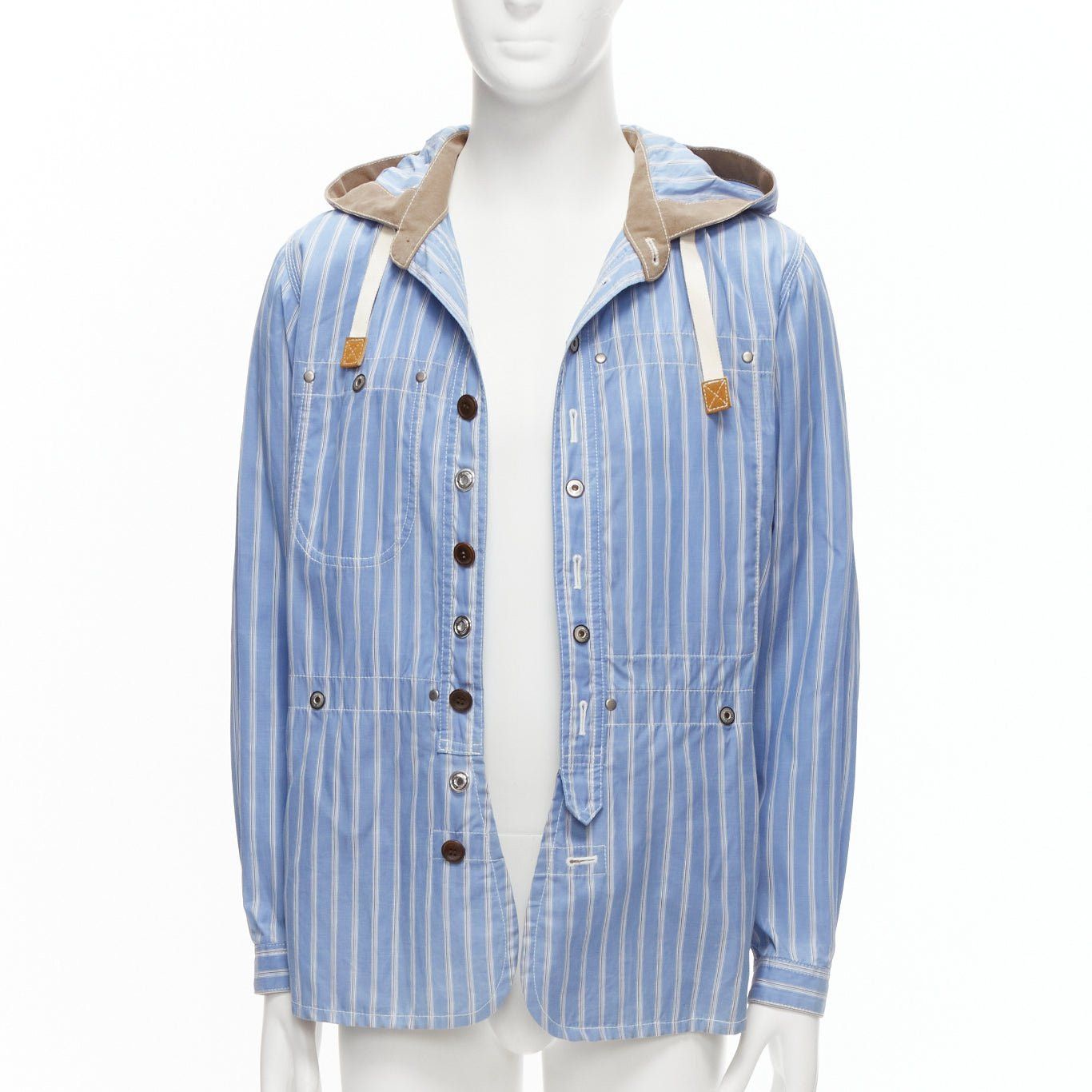 Junya Watanabe JUNYA WATANABE MAN 2013 blue brown cotton linen striped deconstructed parka jacket M Size US M / EU 48-50 / 2 - 3 Thumbnail