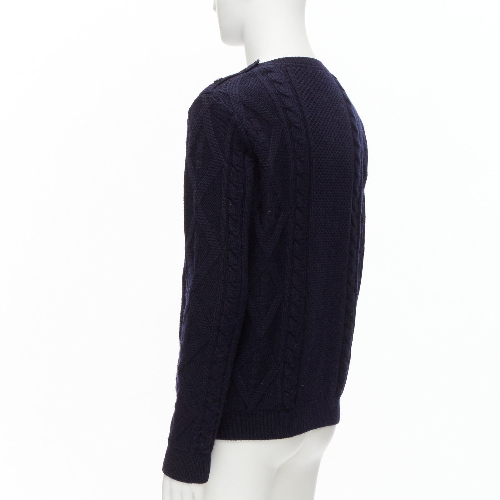 A.P.C. APC 100% wool navy blue fisherman cable knit crew neck long sleeve sweater S Size US S / EU 44-46 / 1 - 6 Thumbnail