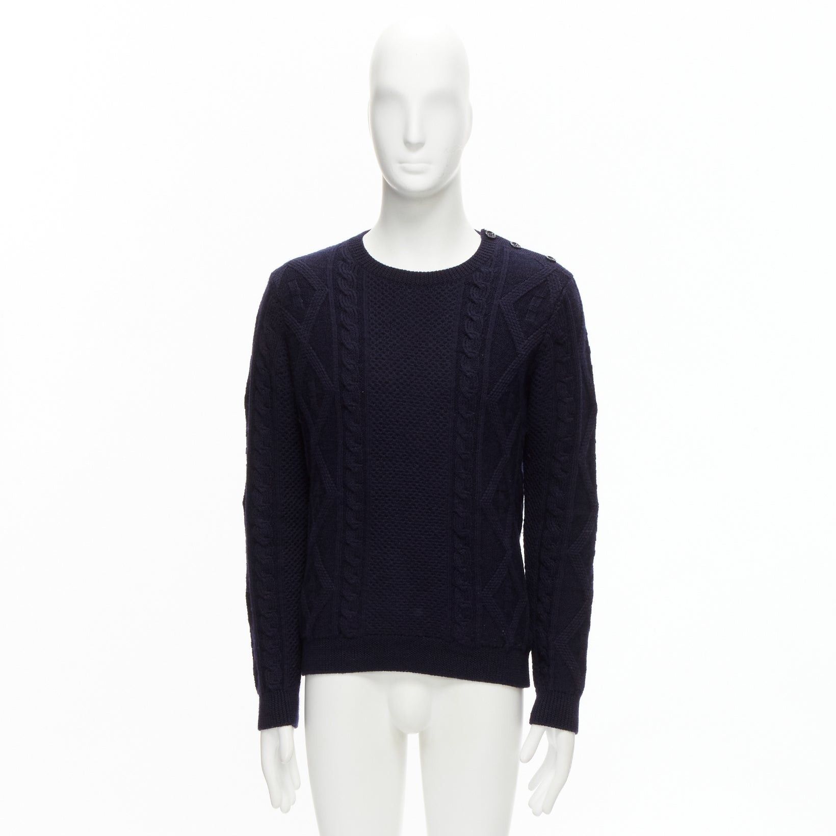 A.P.C. APC 100% wool navy blue fisherman cable knit crew neck long sleeve sweater S Size US S / EU 44-46 / 1 - 9 Thumbnail