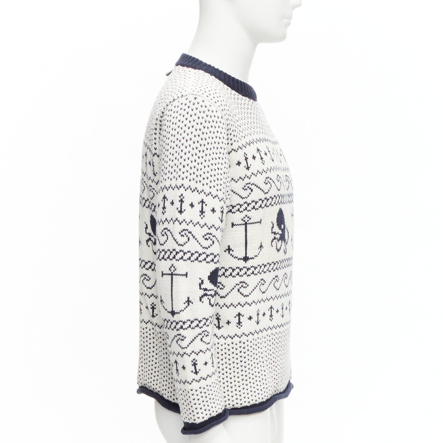 Thom Browne THOM BROWNE off white navy nautical octopus intarsia button shoulder ringer sweater SZ.3 L Size US L / EU 52-54 / 3 - 4 Thumbnail