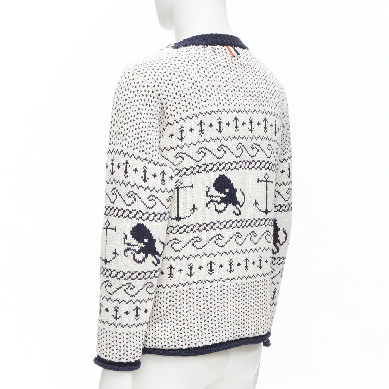 Thom Browne THOM BROWNE off white navy nautical octopus intarsia button shoulder ringer sweater SZ.3 L Size US L / EU 52-54 / 3 - 6 Thumbnail