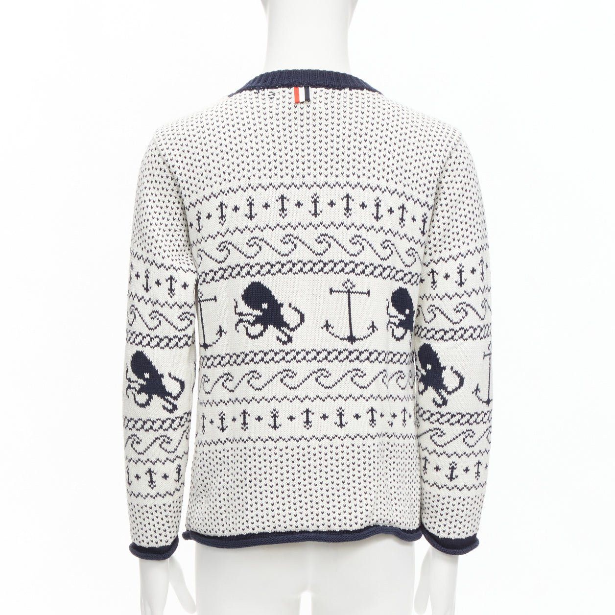 Thom Browne THOM BROWNE off white navy nautical octopus intarsia button shoulder ringer sweater SZ.3 L Size US L / EU 52-54 / 3 - 5 Thumbnail