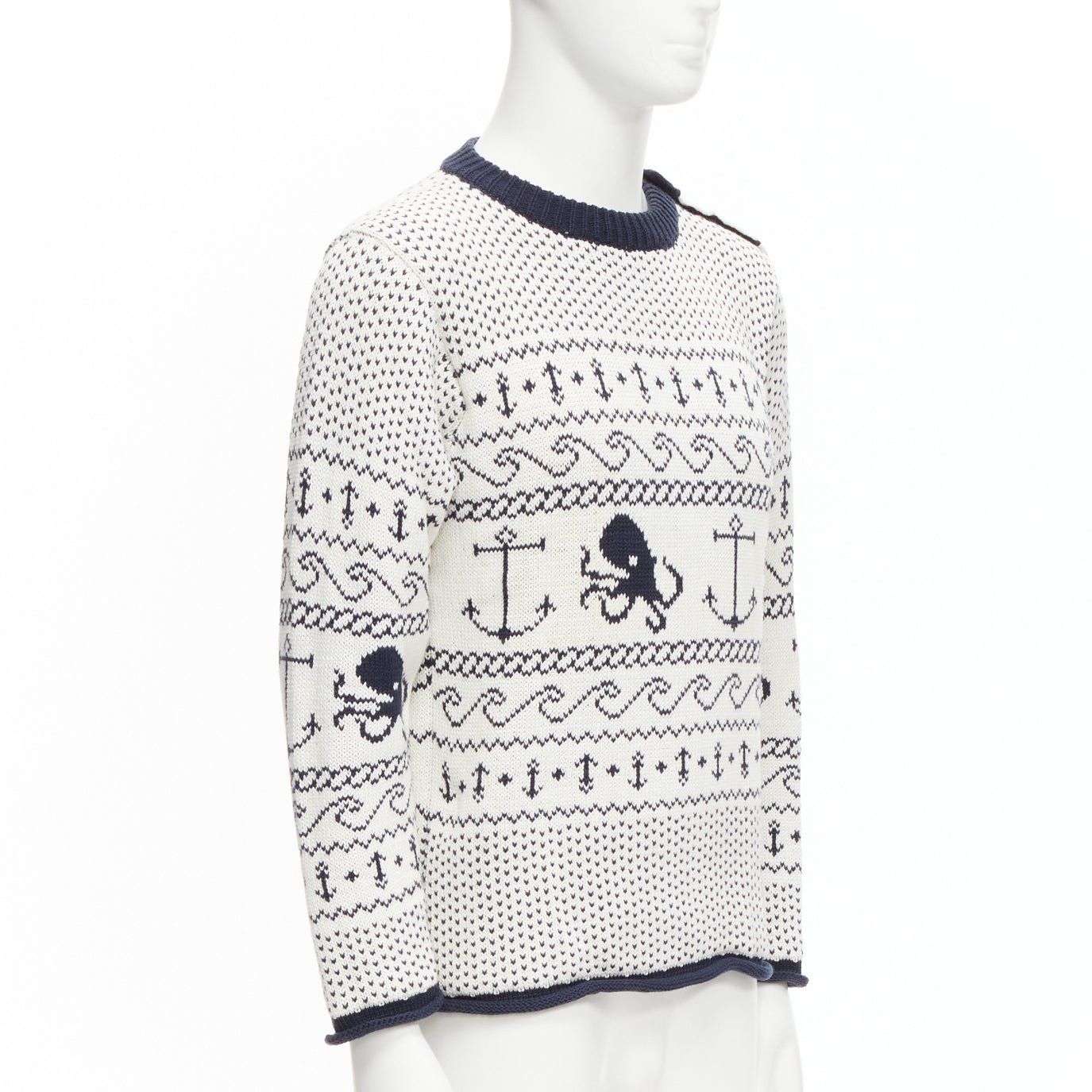 Thom Browne THOM BROWNE off white navy nautical octopus intarsia button shoulder ringer sweater SZ.3 L Size US L / EU 52-54 / 3 - 3 Thumbnail