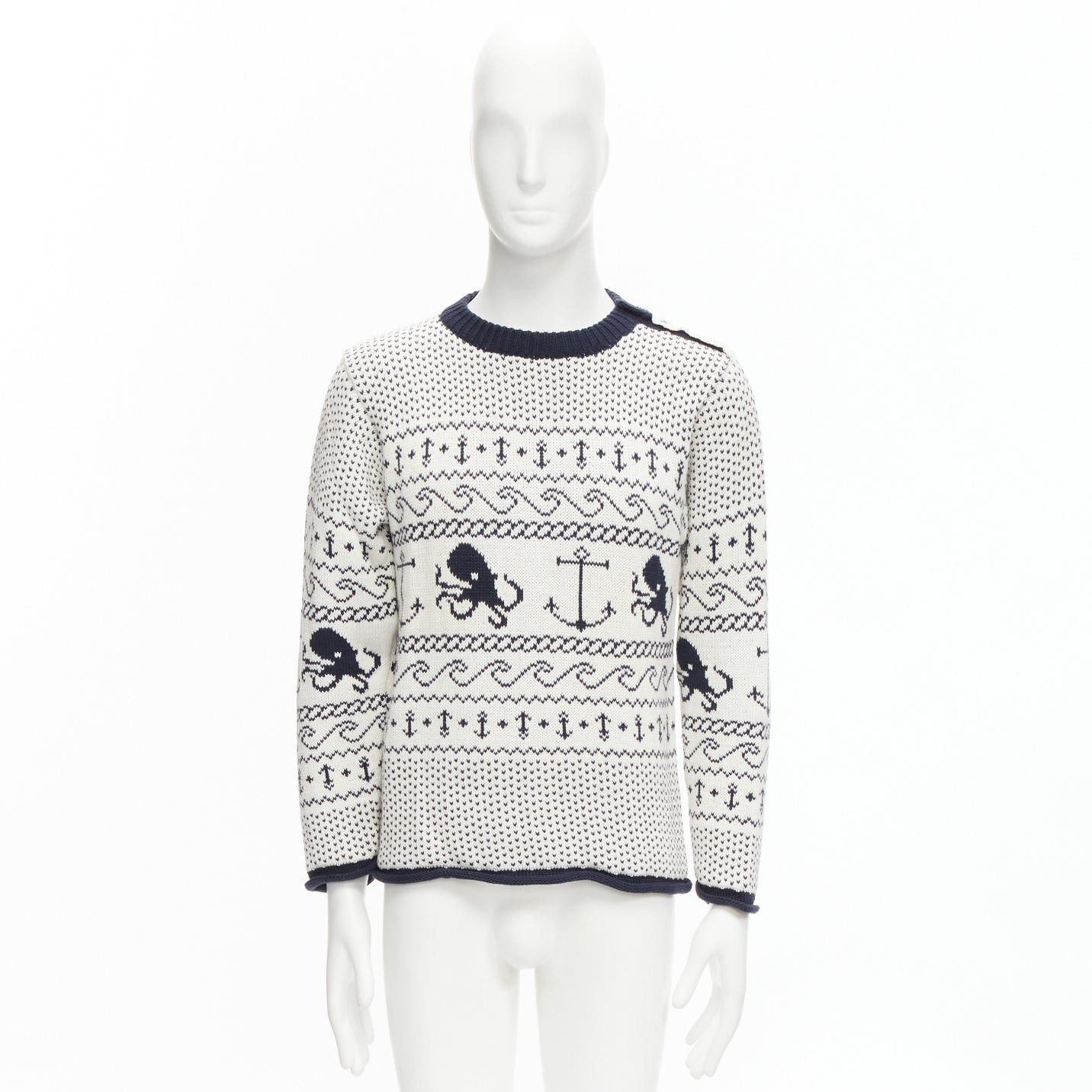 Thom Browne THOM BROWNE off white navy nautical octopus intarsia button shoulder ringer sweater SZ.3 L Size US L / EU 52-54 / 3 - 9 Thumbnail