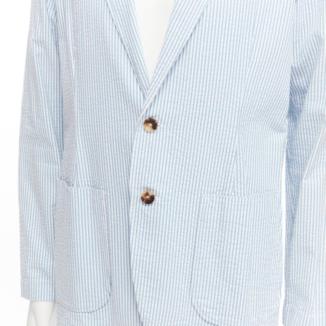 Lardini LARDINI blue white stripe seersucker brown shell 2 button blazer M Size 48R - 2 Thumbnail