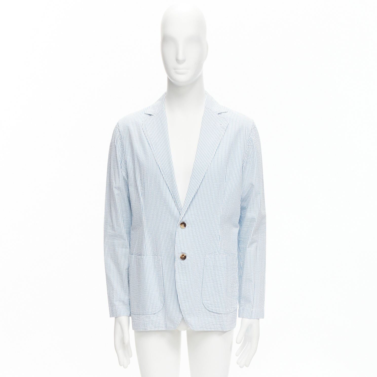 Lardini LARDINI blue white stripe seersucker brown shell 2 button blazer M Size 48R - 9 Thumbnail