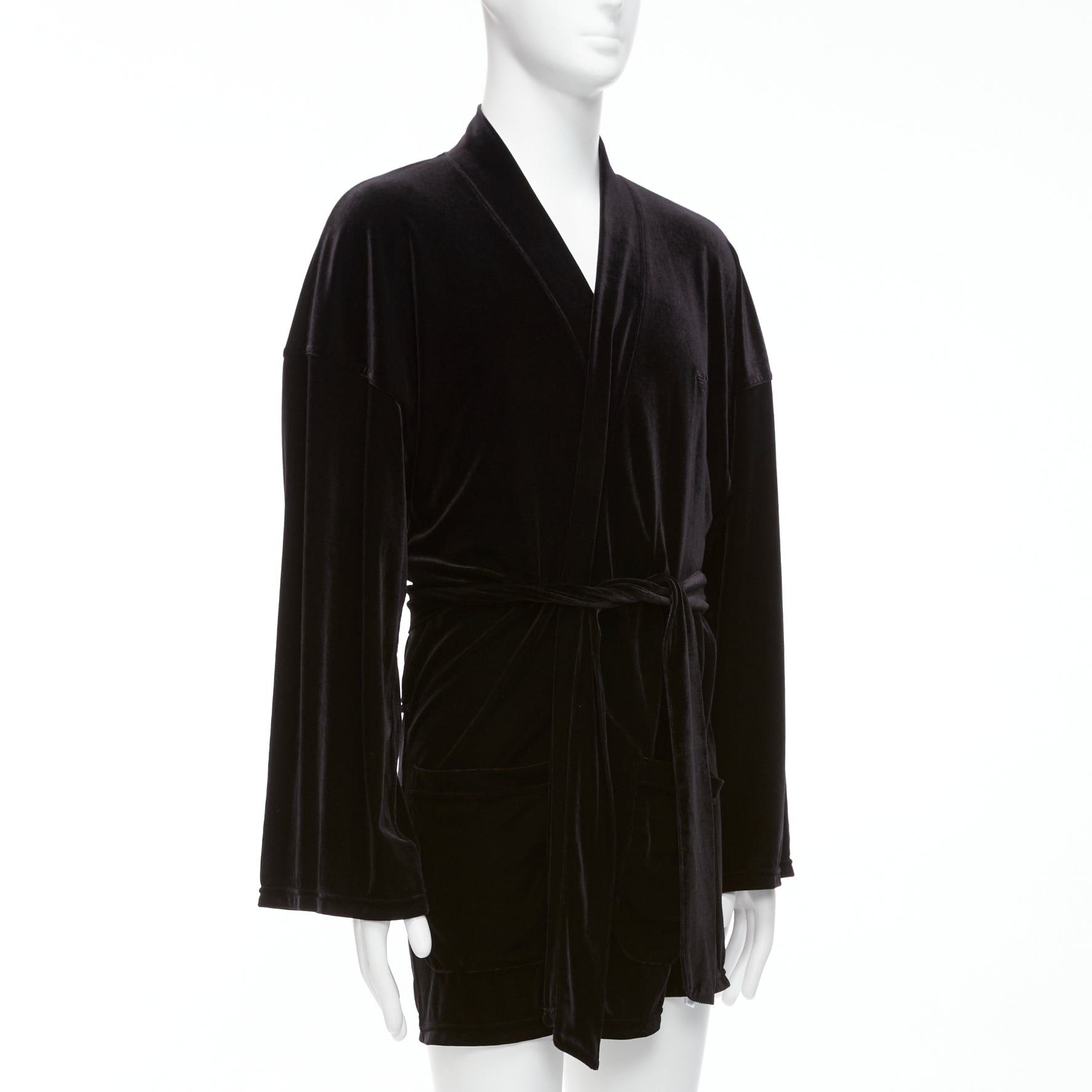 Emporio Armani EMPORIO ARMANI black velvet GA embroidered logo belted robe jacket M Size US M / EU 48-50 / 2 - 3 Thumbnail