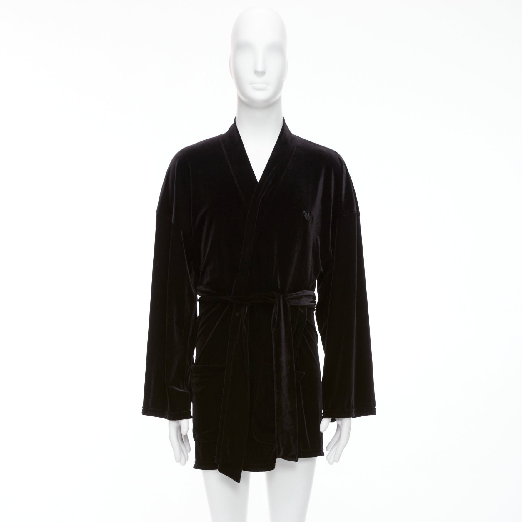 Emporio Armani EMPORIO ARMANI black velvet GA embroidered logo belted robe jacket M Size US M / EU 48-50 / 2 - 9 Thumbnail