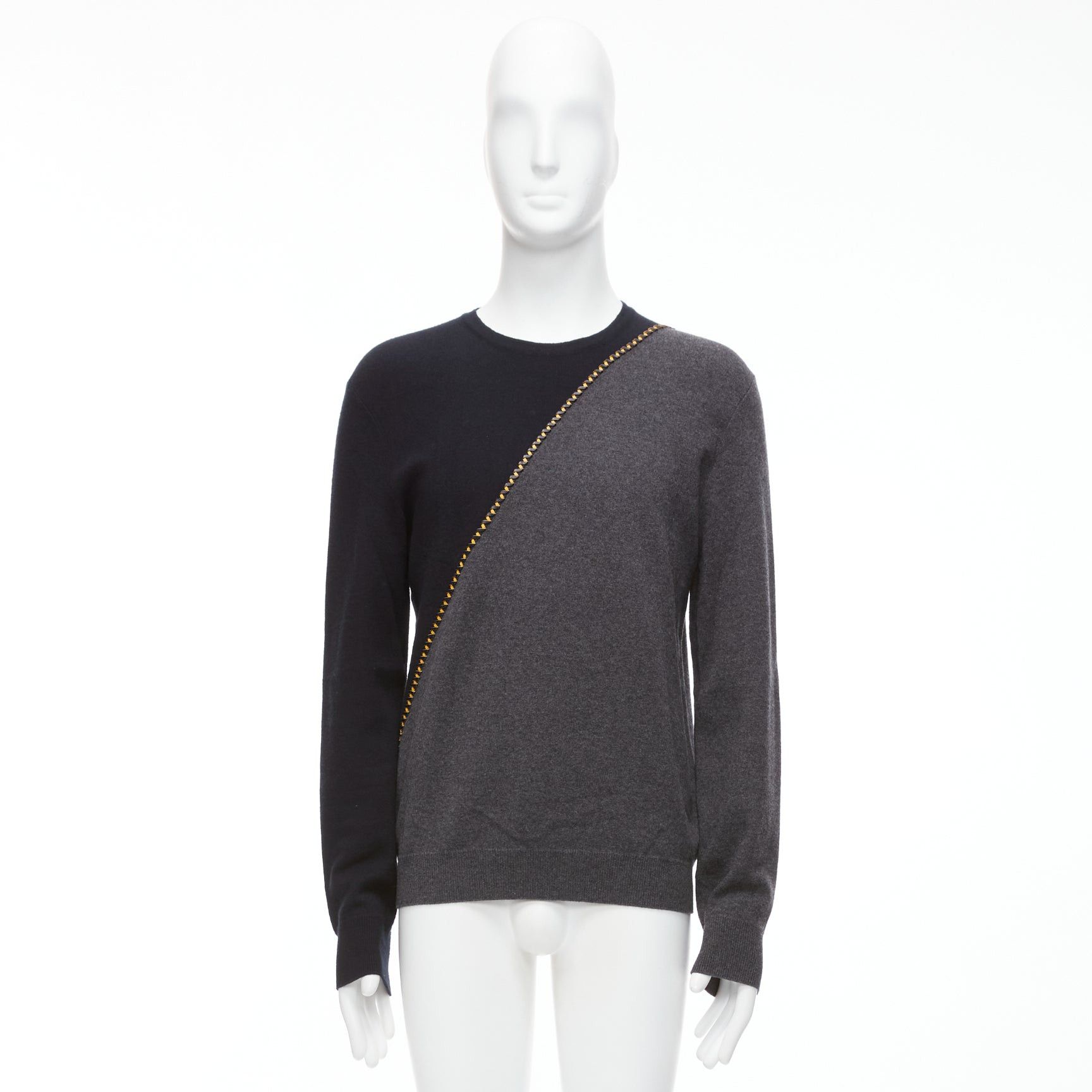 Berluti BERLUTI grey black yellow lambskin leather stitch wool cashmere split sweater M Size US M / EU 48-50 / 2 - 9 Thumbnail