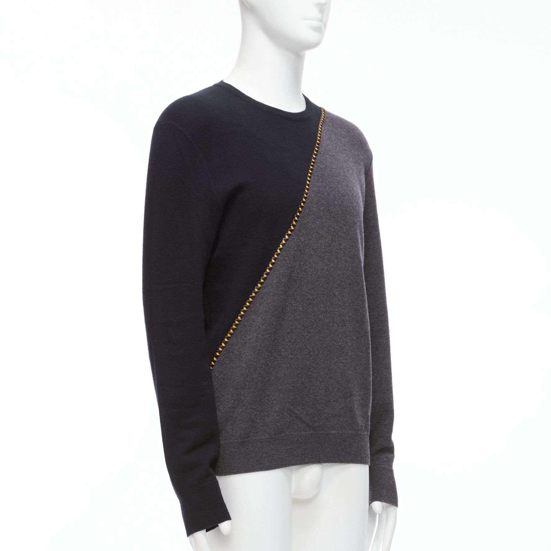 Berluti BERLUTI grey black yellow lambskin leather stitch wool cashmere split sweater M Size US M / EU 48-50 / 2 - 3 Thumbnail