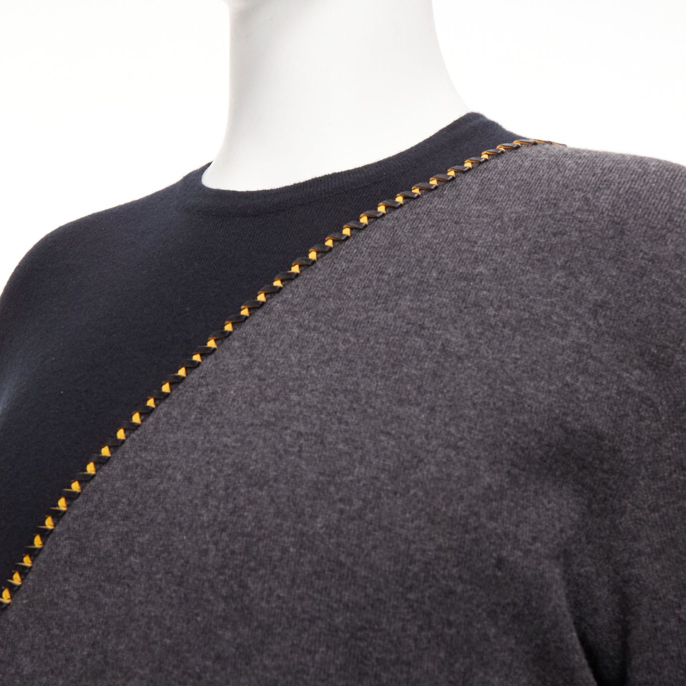 Berluti BERLUTI grey black yellow lambskin leather stitch wool cashmere split sweater M Size US M / EU 48-50 / 2 - 2 Thumbnail
