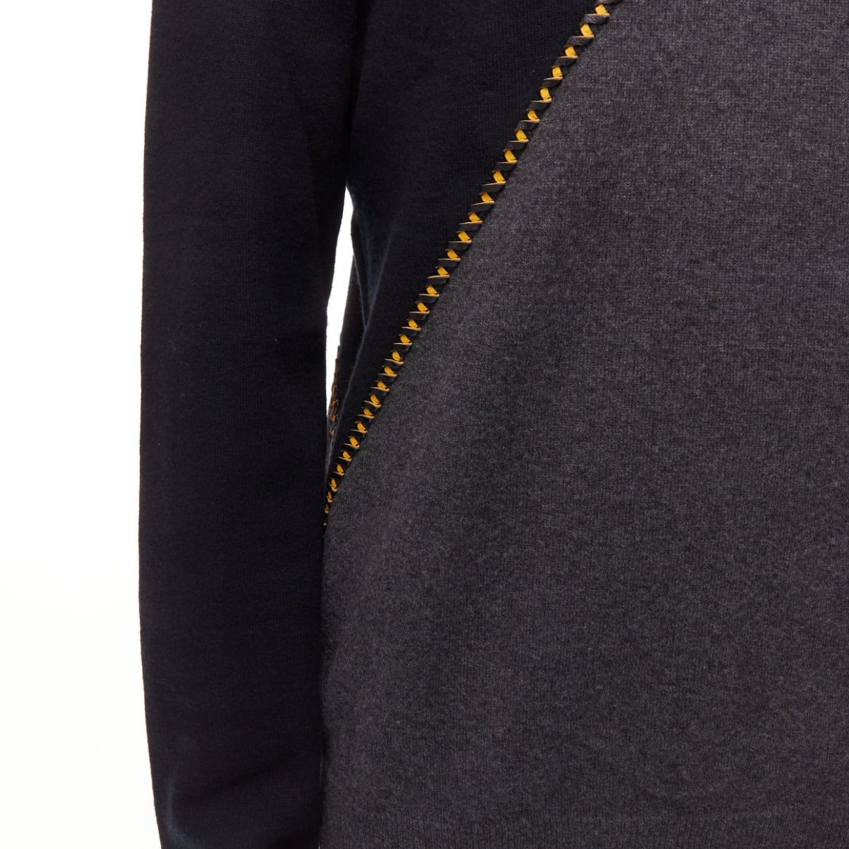 Berluti BERLUTI grey black yellow lambskin leather stitch wool cashmere split sweater M Size US M / EU 48-50 / 2 - 7 Thumbnail