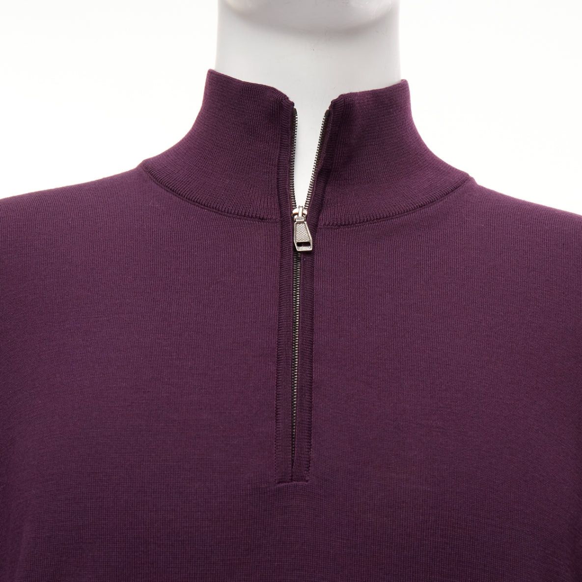 Brioni BRIONI 100% wool eggplant purple silk trimmed half zip long sleeve sweater Size US M / EU 48-50 / 2 - 2 Thumbnail