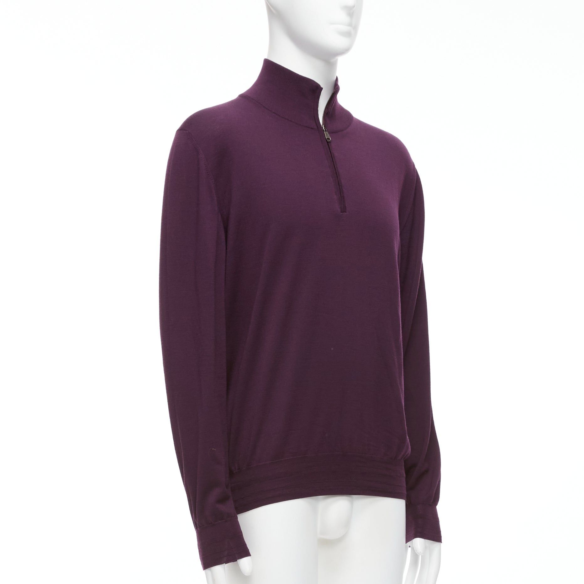 Brioni BRIONI 100% wool eggplant purple silk trimmed half zip long sleeve sweater Size US M / EU 48-50 / 2 - 3 Thumbnail