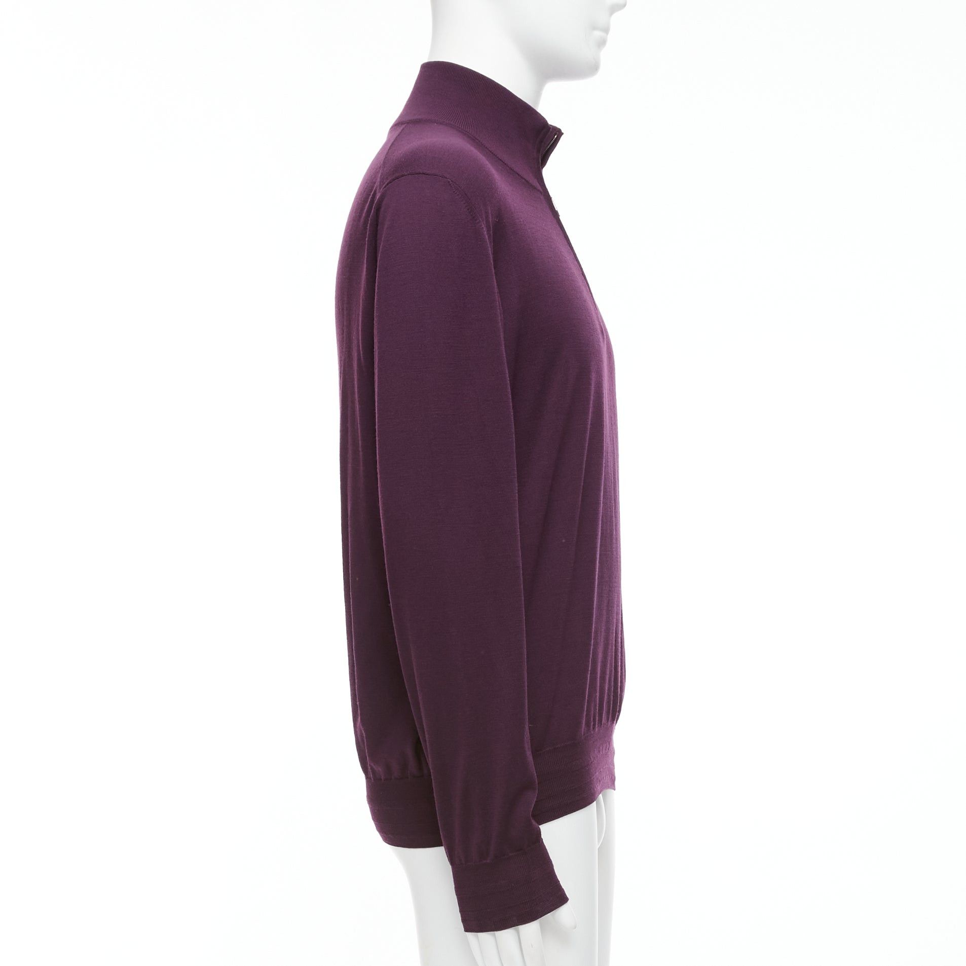 Brioni BRIONI 100% wool eggplant purple silk trimmed half zip long sleeve sweater Size US M / EU 48-50 / 2 - 4 Thumbnail