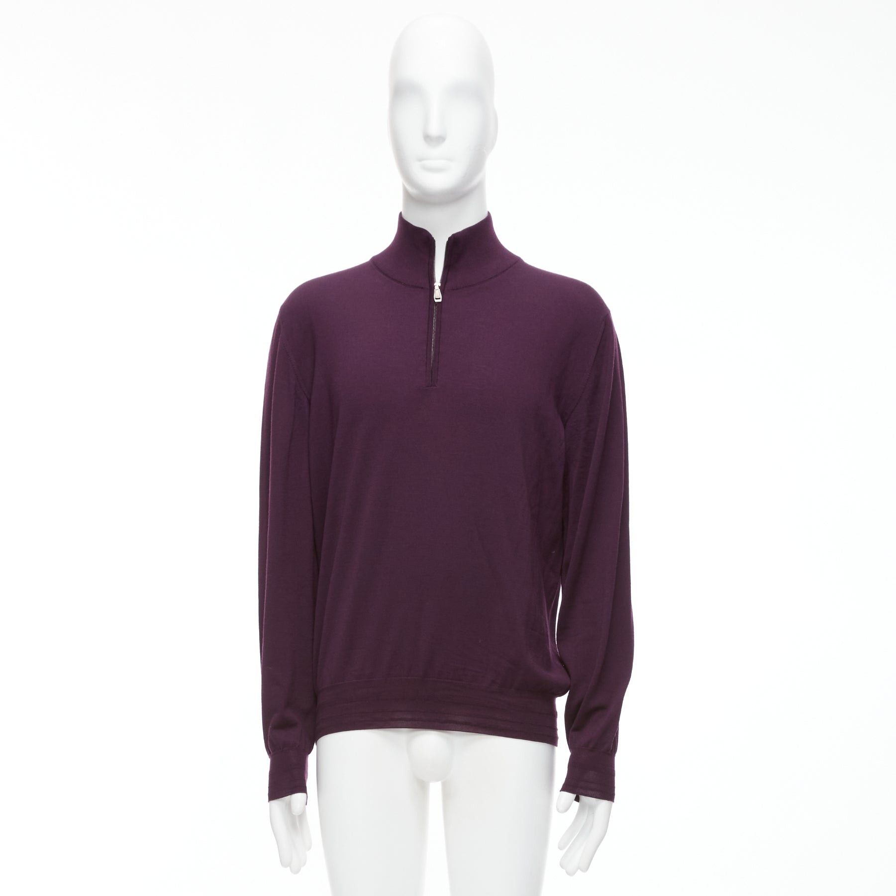 Brioni BRIONI 100% wool eggplant purple silk trimmed half zip long sleeve sweater Size US M / EU 48-50 / 2 - 9 Thumbnail