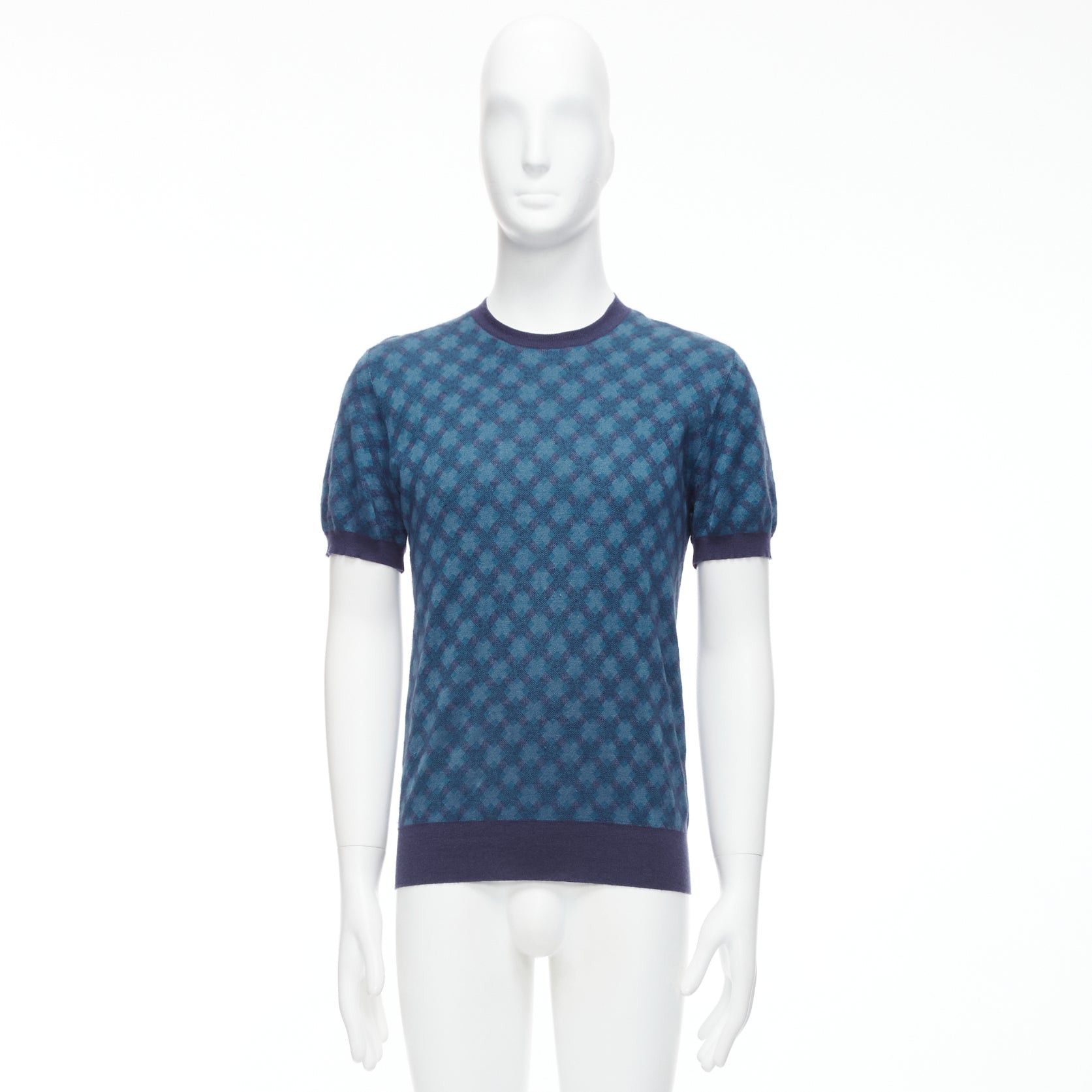 Brioni BRIONI silk cashmere blue navy diagonal check short sleeve sweater IT50 L Size US L / EU 52-54 / 3 - 9 Thumbnail