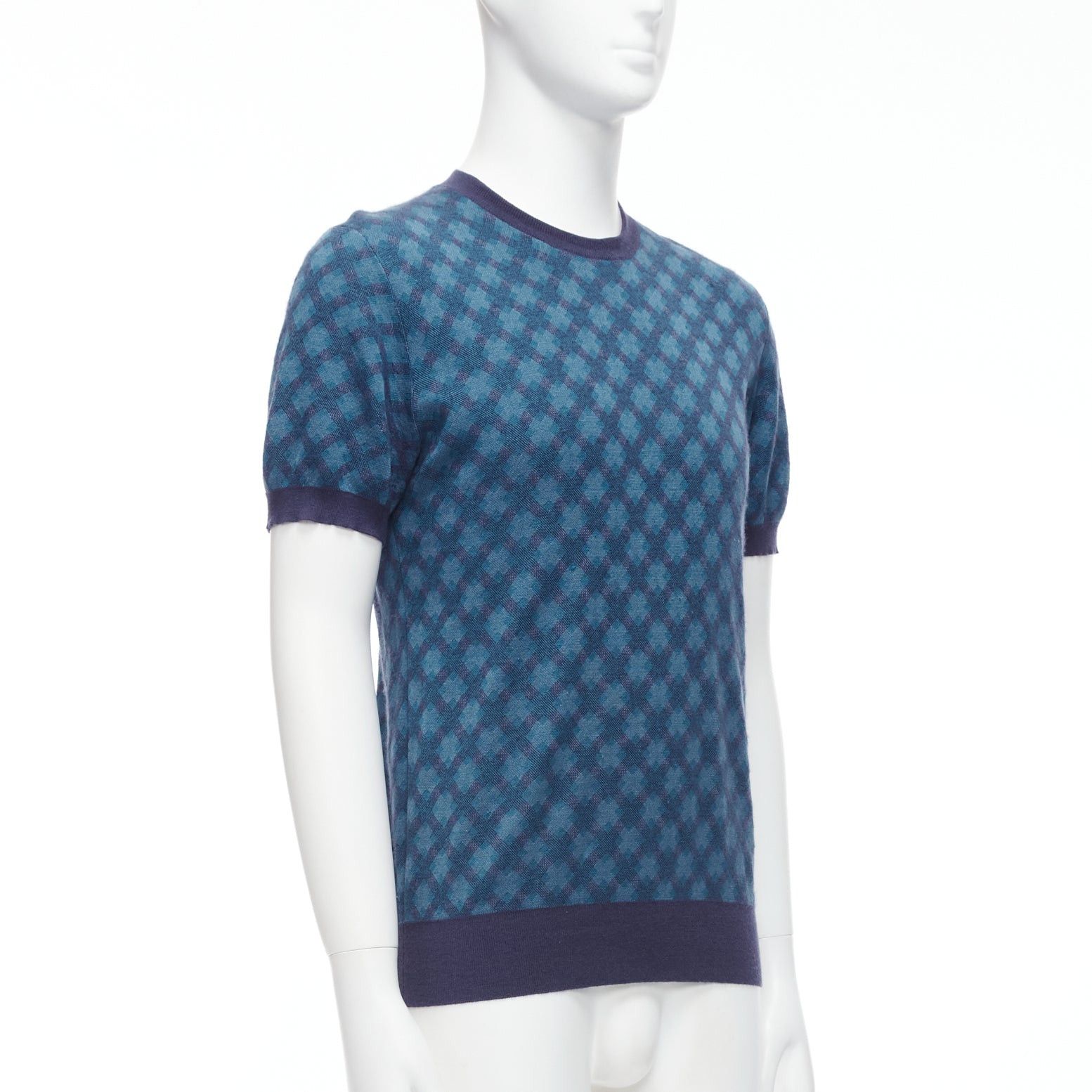 Brioni BRIONI silk cashmere blue navy diagonal check short sleeve sweater IT50 L Size US L / EU 52-54 / 3 - 3 Thumbnail