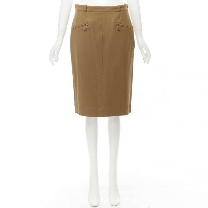 Hermes HERMES brown wool blend leather Sellier zipper pocket pencil skirt FR42 L Size 30" / US 8 / IT 44 - 9 Thumbnail