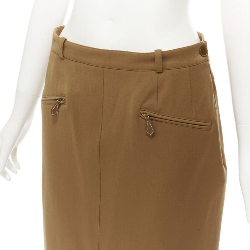 Hermes HERMES brown wool blend leather Sellier zipper pocket pencil skirt FR42 L Size 30" / US 8 / IT 44 - 2 Thumbnail