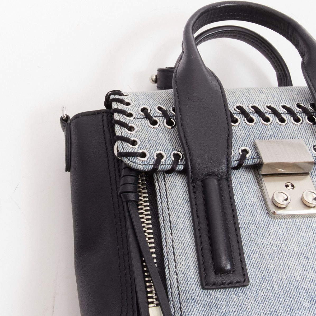 3.1 Phillip Lim 3.1 PHILLIP LIM Pashli washed blue denim whipstitch black leather mini crossbody bag Size ONE SIZE - 8 Thumbnail