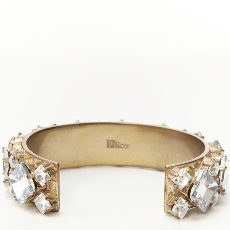 Dior CHRISTIAN DIOR light blue clear square crystal jewel gold-tone cuff bangle M Size ONE SIZE - 4 Thumbnail