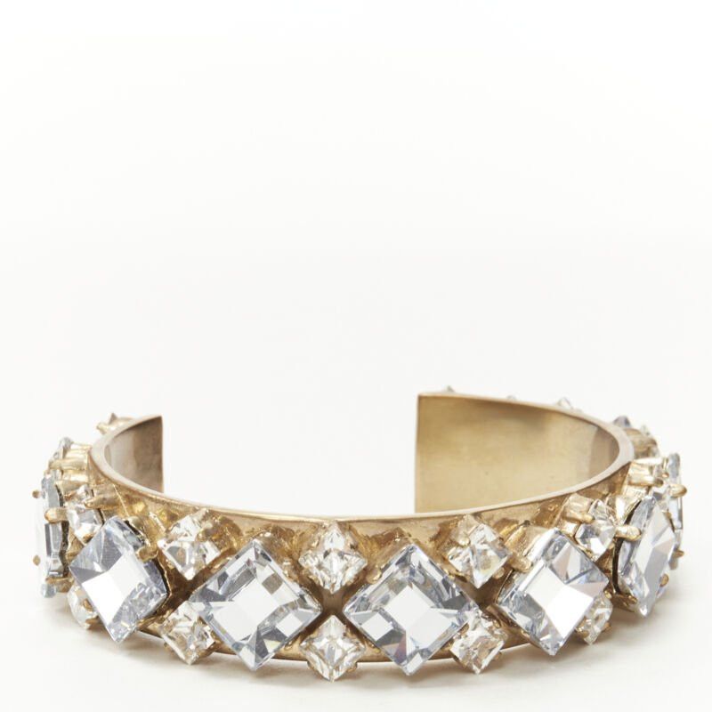 Dior CHRISTIAN DIOR light blue clear square crystal jewel gold-tone cuff bangle M Size ONE SIZE - 2 Thumbnail
