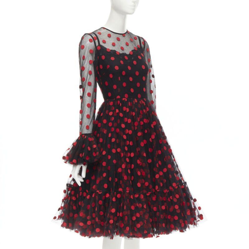 Dolce & Gabbana DOLCE GABBANA black red polka dot embroidered tulle flared dress IT40 S Size S / US 4 / IT 40 - 3 Thumbnail