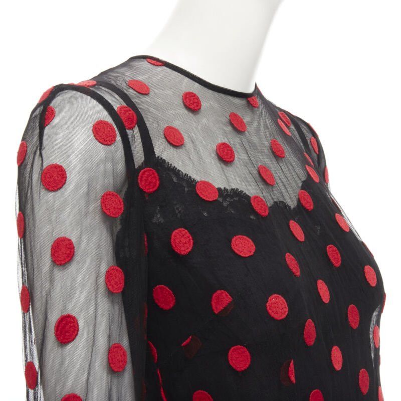 Dolce & Gabbana DOLCE GABBANA black red polka dot embroidered tulle flared dress IT40 S Size S / US 4 / IT 40 - 7 Thumbnail