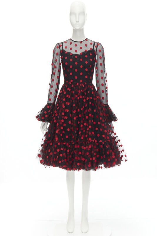Dolce & Gabbana DOLCE GABBANA black red polka dot embroidered tulle flared dress IT40 S Size S / US 4 / IT 40 - 10 Thumbnail