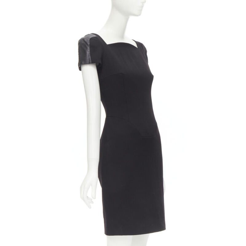 Versace VERSACE square neckline leather cap sleeve bodycon seam sheath dress IT38 XS Size XS / US 0-2 / IT 36-38 - 3 Thumbnail