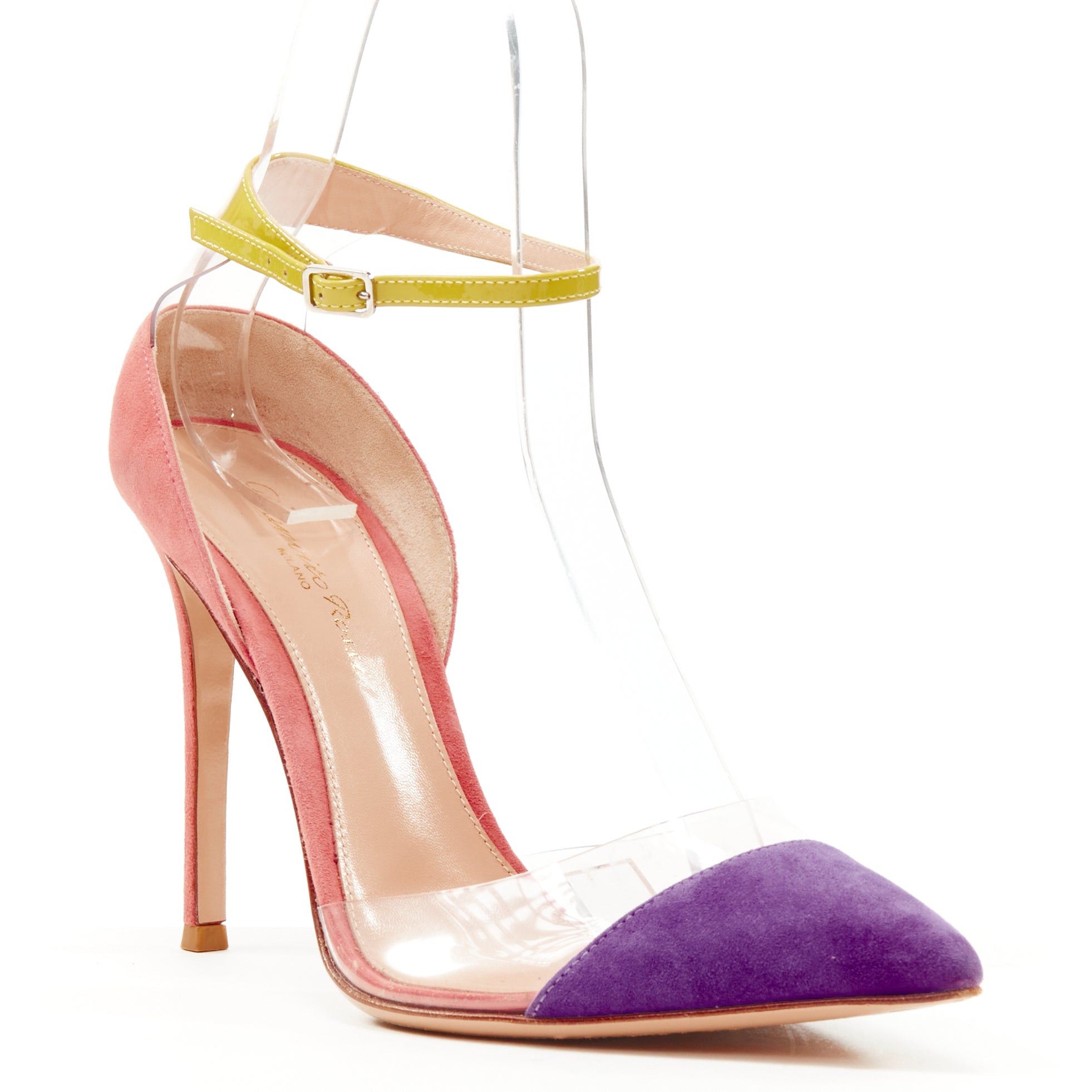 Gianvito Rossi GIANVITO ROSSi Plexi purple pink suede yellow ankle strap PVC pump EU38 Size US 8 / IT 38 - 11 Thumbnail