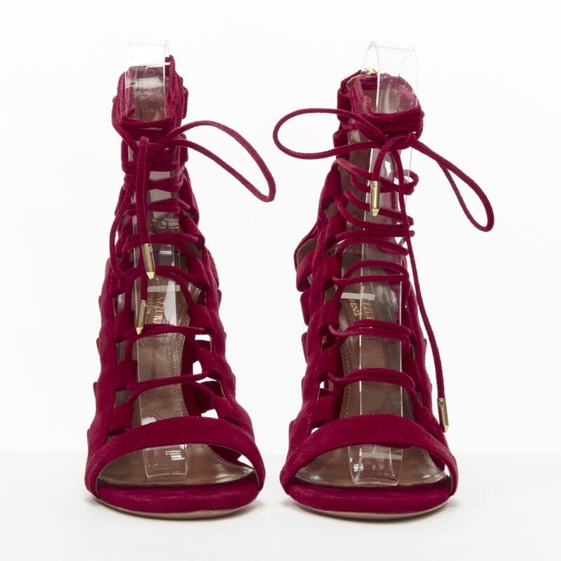 Aquazzura AQUAZZURA Amazon dark red suede lace up sandals high heels EU38 Size US 8 / IT 38 - 3 Thumbnail