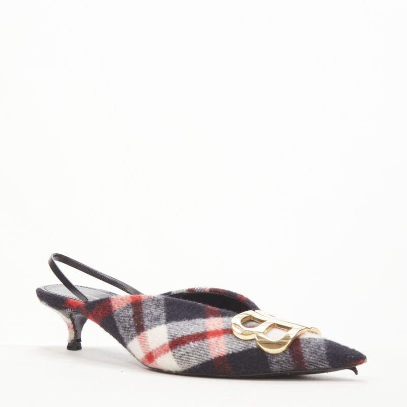 Balenciaga BALENCIAGA BB Knife gold logo red black plaid wool sling kitten pump EU38.5 Size US 8.5 / IT 38.5 - 2 Thumbnail
