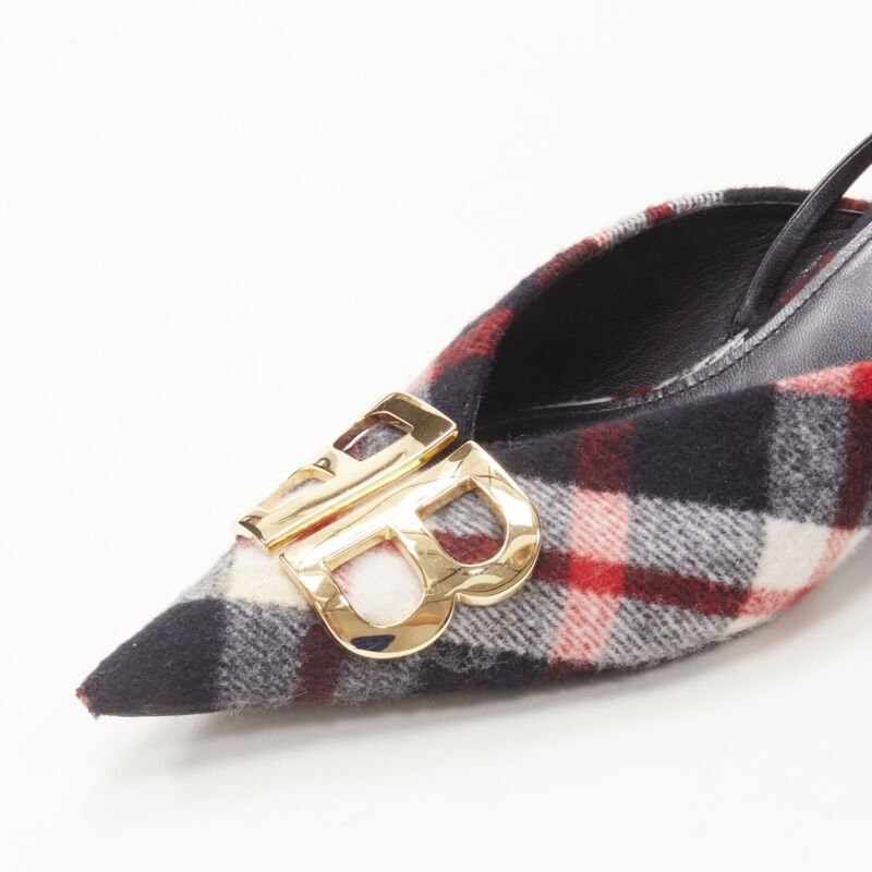 Balenciaga BALENCIAGA BB Knife gold logo red black plaid wool sling kitten pump EU38.5 Size US 8.5 / IT 38.5 - 7 Thumbnail