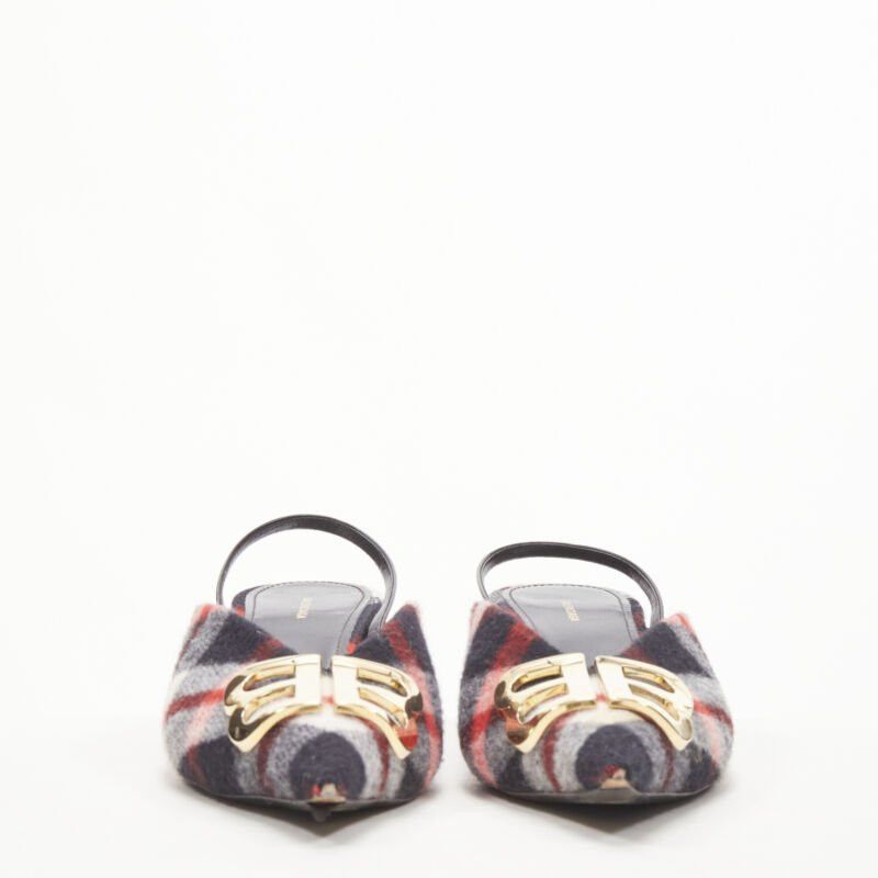 Balenciaga BALENCIAGA BB Knife gold logo red black plaid wool sling kitten pump EU38.5 Size US 8.5 / IT 38.5 - 3 Thumbnail