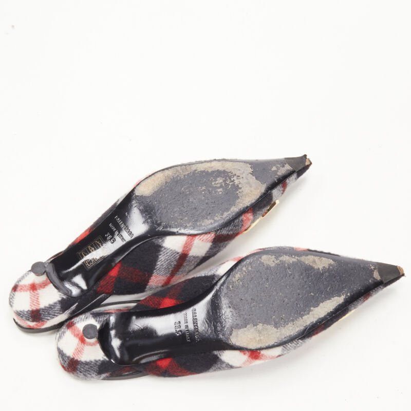 Balenciaga BALENCIAGA BB Knife gold logo red black plaid wool sling kitten pump EU38.5 Size US 8.5 / IT 38.5 - 11 Thumbnail