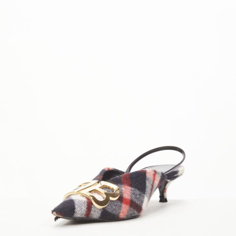 Balenciaga BALENCIAGA BB Knife gold logo red black plaid wool sling kitten pump EU38.5 Size US 8.5 / IT 38.5 - 4 Thumbnail