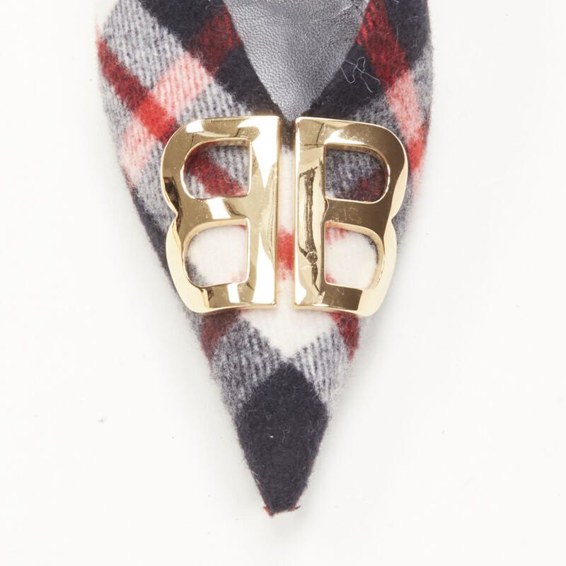 Balenciaga BALENCIAGA BB Knife gold logo red black plaid wool sling kitten pump EU38.5 Size US 8.5 / IT 38.5 - 6 Thumbnail