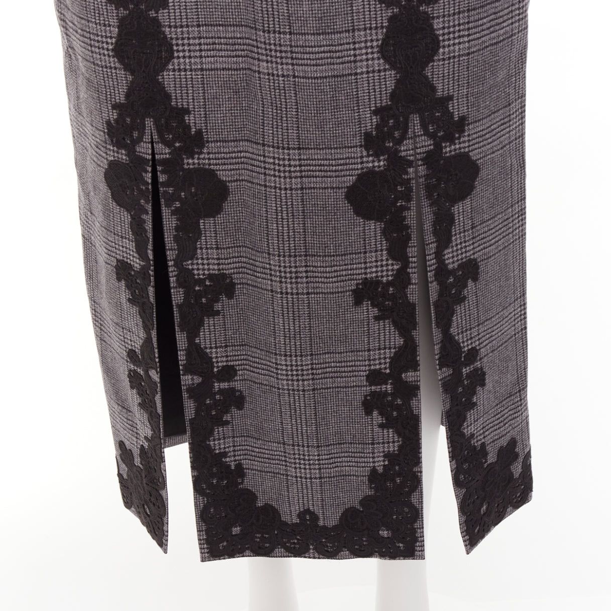 Jonathan Simkhai JONATHAN SIMKHAI grey wool houndstooth lace applique dual slit pencil skirt US4 S Size 28" / US 6 / IT 42 - 2 Thumbnail