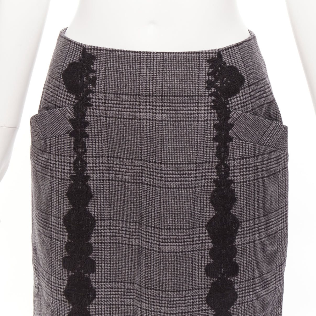 Jonathan Simkhai JONATHAN SIMKHAI grey wool houndstooth lace applique dual slit pencil skirt US4 S Size 28" / US 6 / IT 42 - 7 Thumbnail